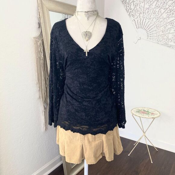 Early 2000's Black Goth Whimsygoth Lace Sheer 3/4 Sleeve Blouse Top 1X Plus Size - Picture 2 of 8